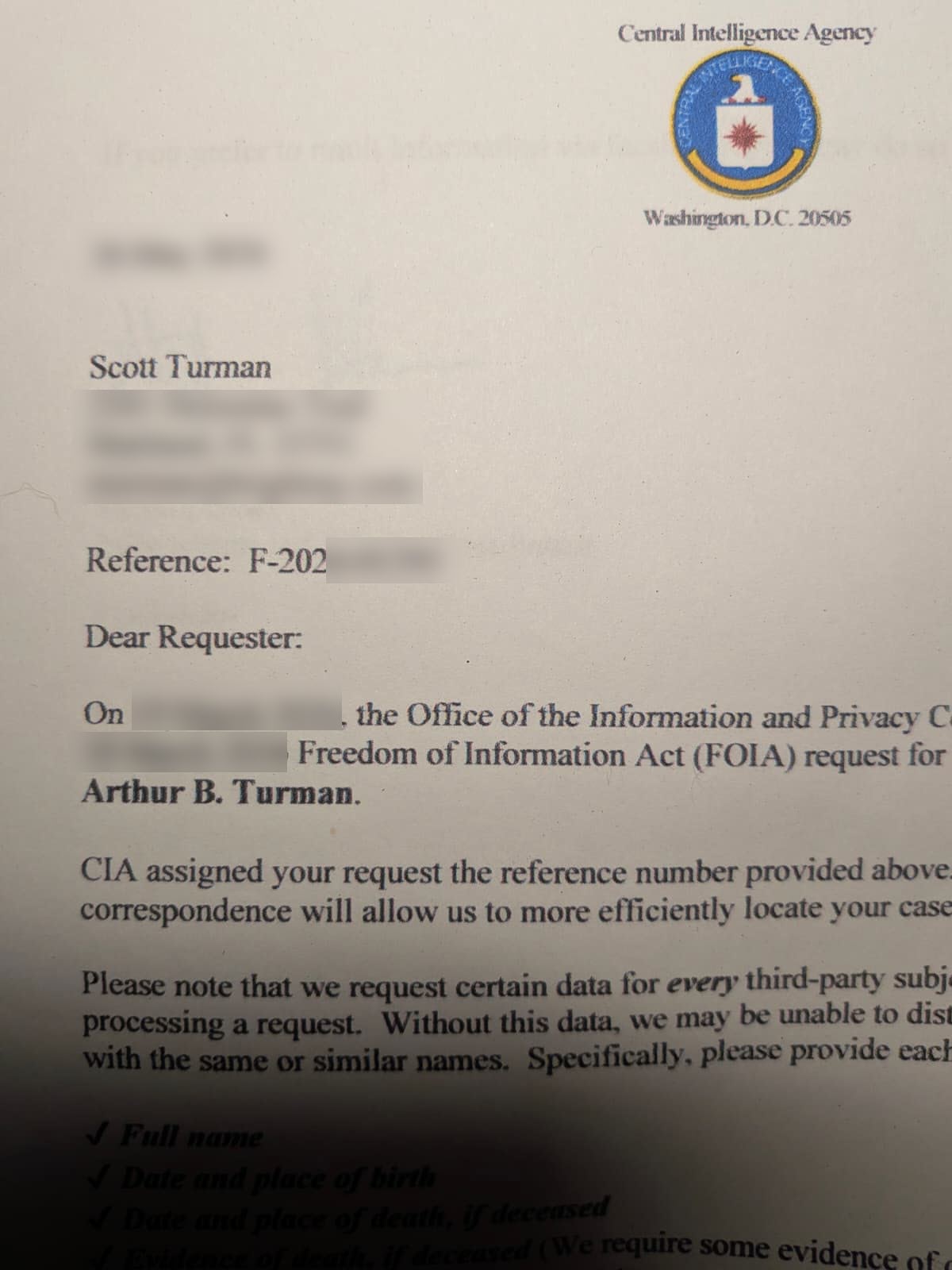 Official CIA Freedom of Information Act Acknowledgement Letter
