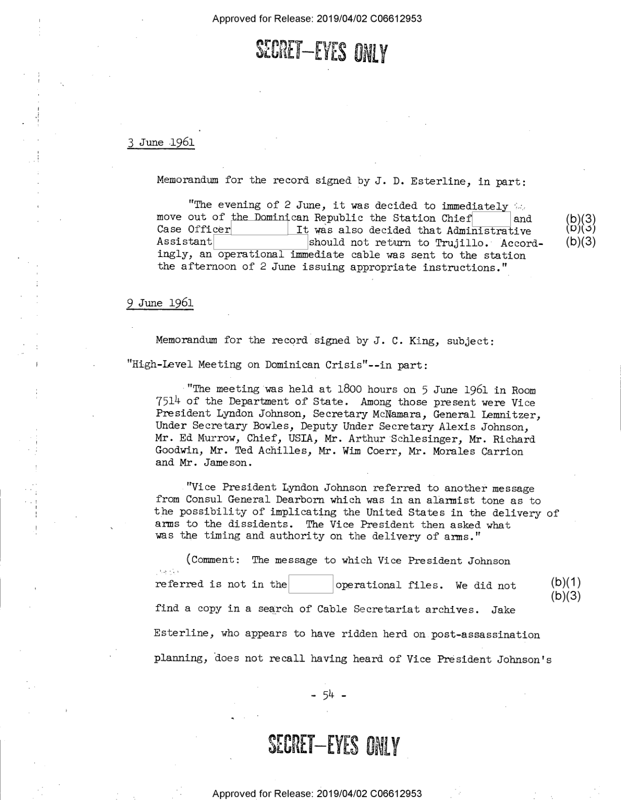 Esterline evacuation order and LBJ meeting from Page 54