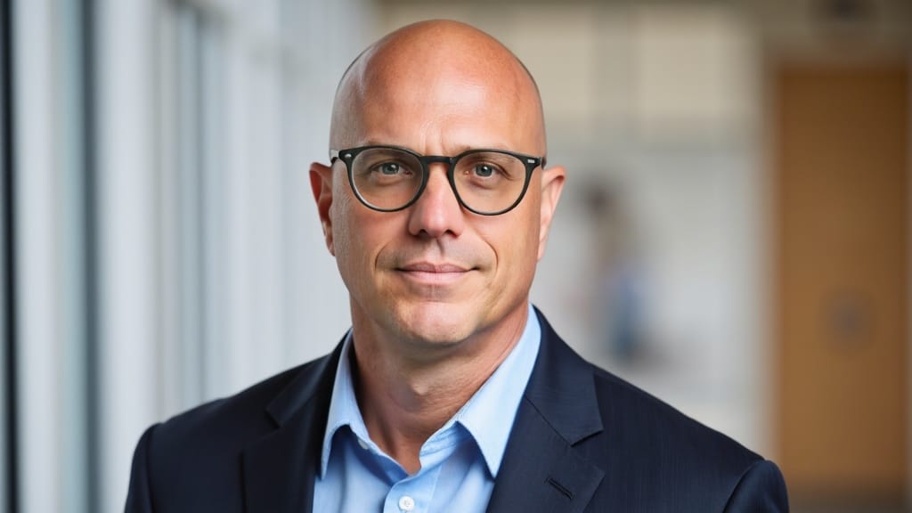 This is an image of Scott Turman wearing no tie and a suit jacket taken in his office