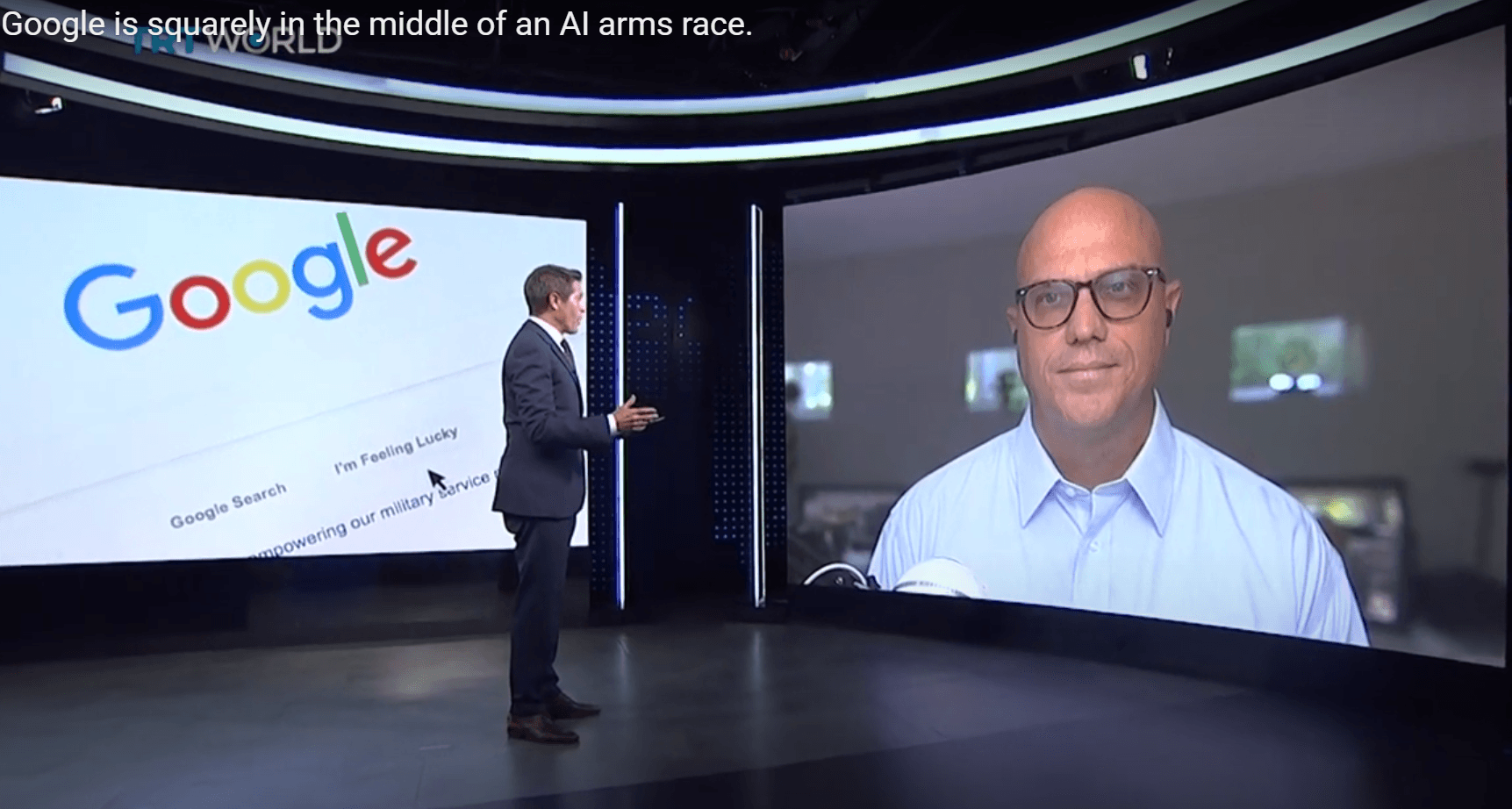 This picture is of Scott Turman being interviewed on TRT about Google's AI Arms race